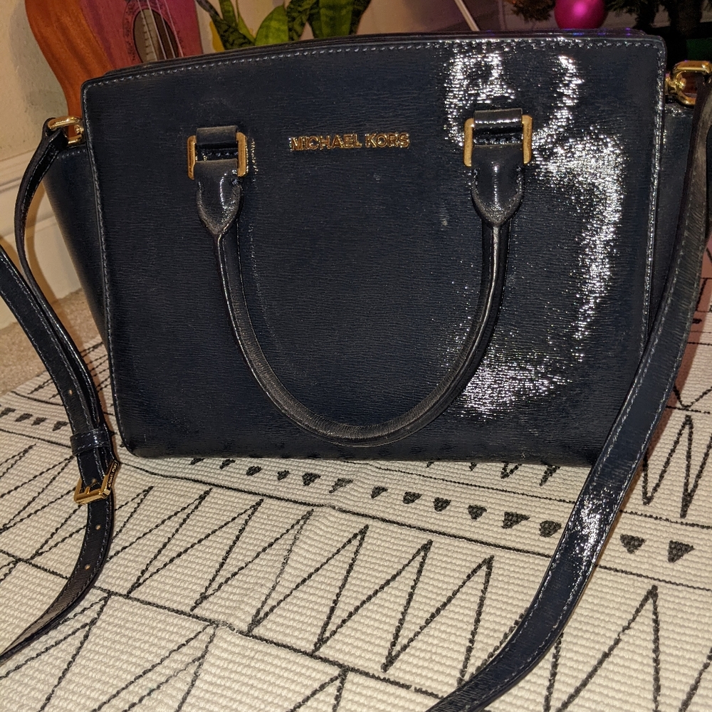 Michael Kors Selma Navy Blue Gold Patent Leather Crossbody Satchel